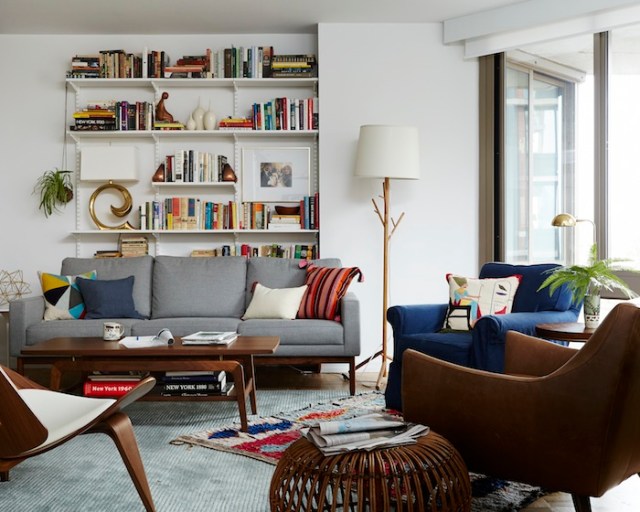emily henderson layered rugs in joanna goddard living room